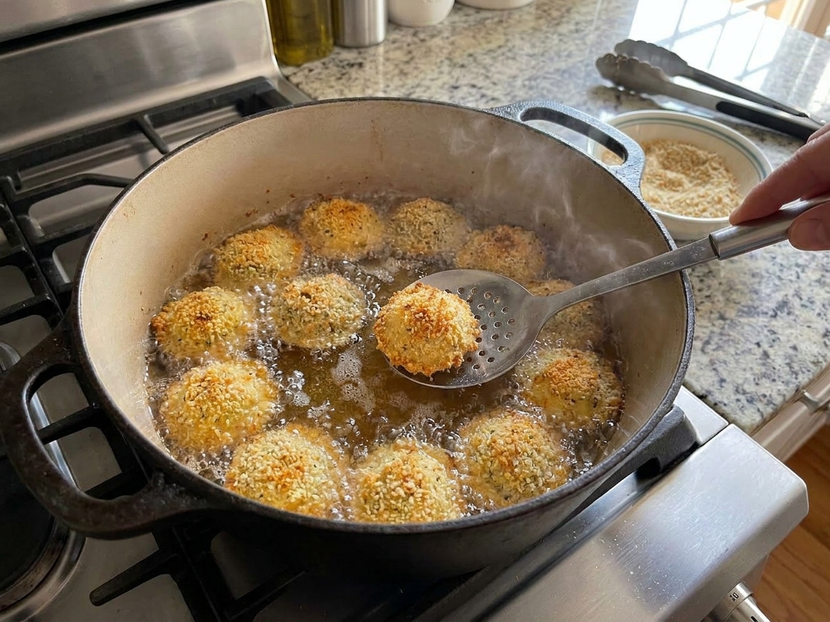 Breaded ravioli bubbling in hot oil in a heavy pot on a stovetop