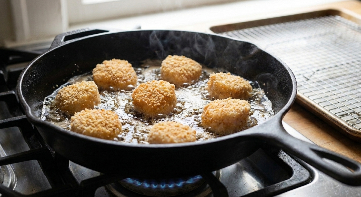 Breaded scallops frying in hot oil in a skillet, turning golden brown with small bubbles around the edges