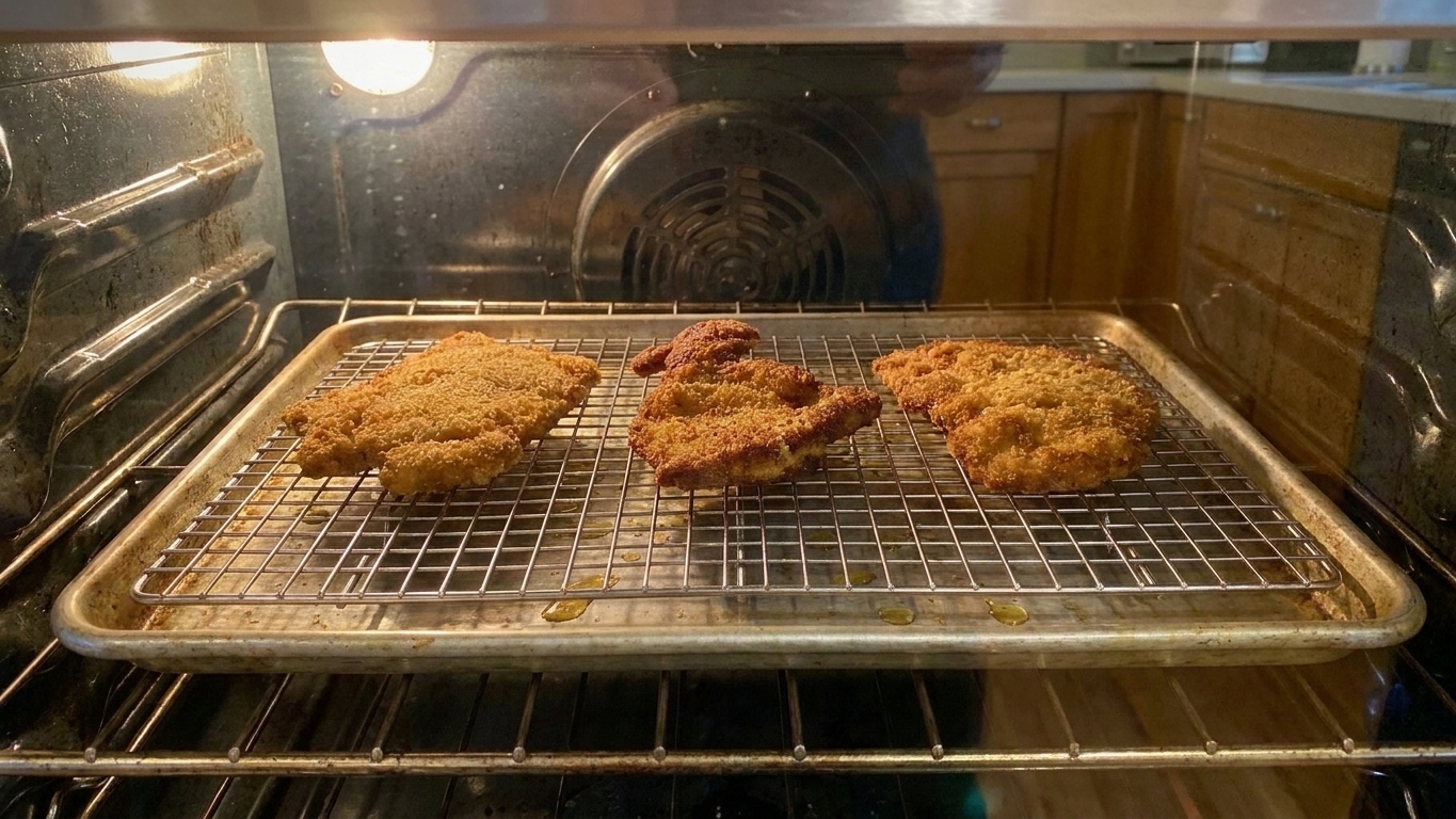 Breaded schnitzel cutlets reheating on a wire rack over a sheet pan in a home oven