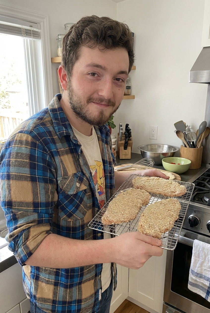 Breaded schnitzel cutlets resting on a wire rack before frying