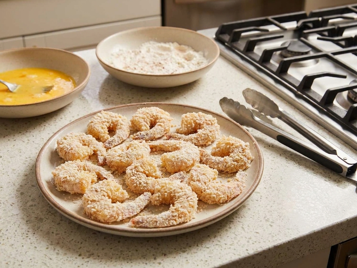 Breaded shrimp in a light, craggy coating laid out in a single layer on a plate next to a stove