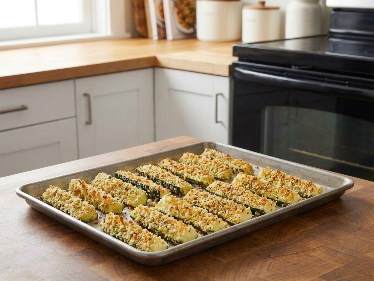 Breaded zucchini sticks arranged in a single layer and ready to bake