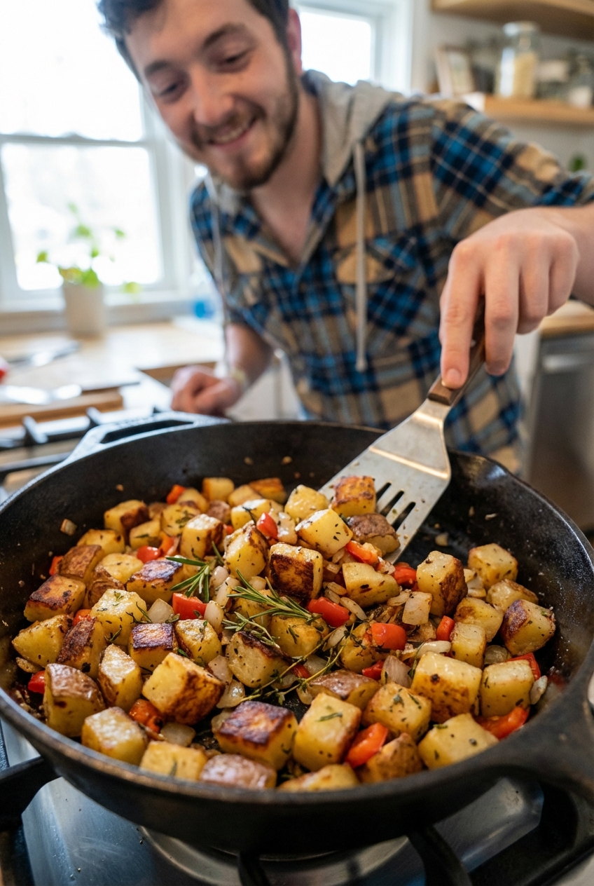 Breakfast potatoes with browned edges in a cast iron skillet