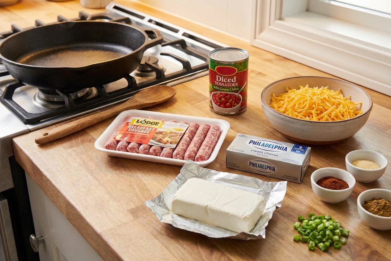 Breakfast sausage, blocks of cream cheese, a can of diced tomatoes with green chiles, shredded cheddar, and seasonings arranged on a clean kitchen counter