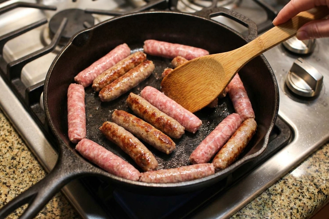 Breakfast sausage browning in a skillet on a stovetop with a wooden spoon stirring
