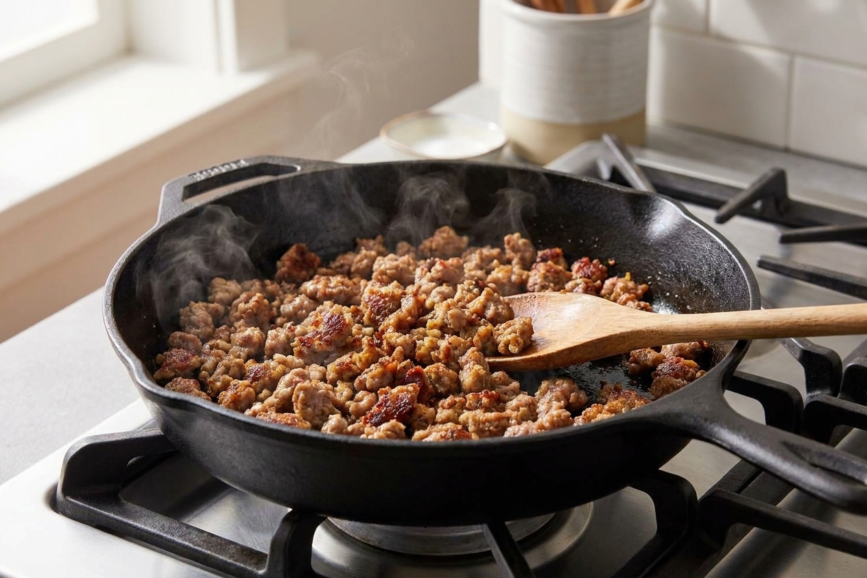 Breakfast sausage crumbled and browning in a black skillet on a stovetop with a wooden spoon resting nearby, warm kitchen lighting