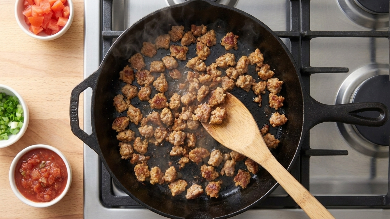 Breakfast sausage crumbles browning in a black skillet on a stovetop with a wooden spoon