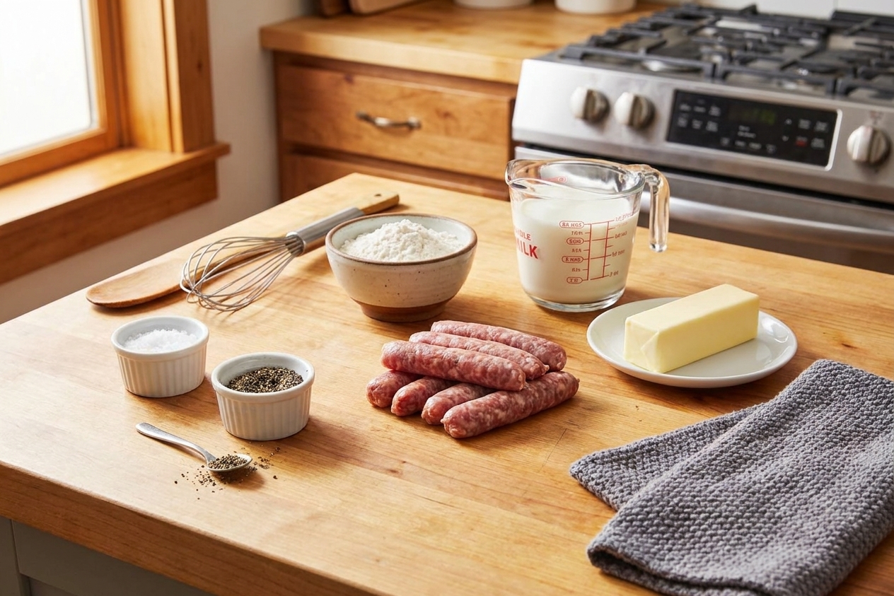 Breakfast sausage, flour, milk, butter, black pepper, and salt arranged on a light kitchen counter, ready for making sausage gravy