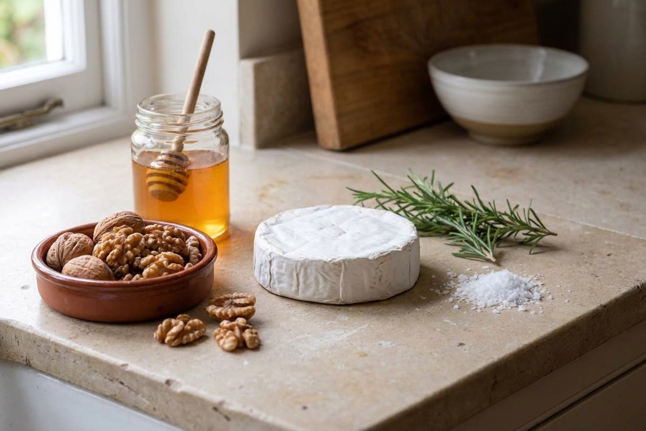 Brie wheel, small bowl of walnuts, honey jar, fresh rosemary, and flaky salt arranged on a light stone kitchen counter in natural window light