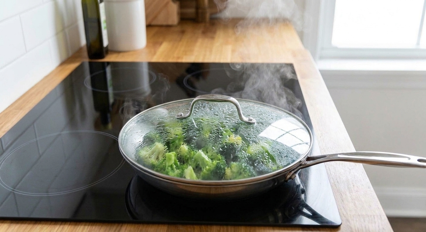 Bright green broccoli florets steaming in a covered skillet with condensation on the lid