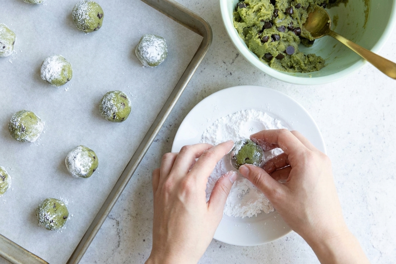 Bright green cookie dough balls being rolled in powdered sugar on a small plate beside a lined baking sheet