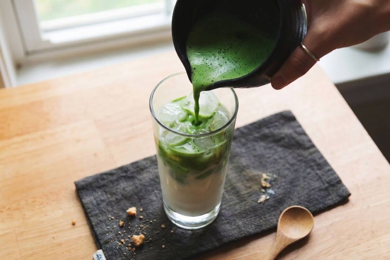 Bright green matcha being poured into a glass of iced milk creating swirling layers