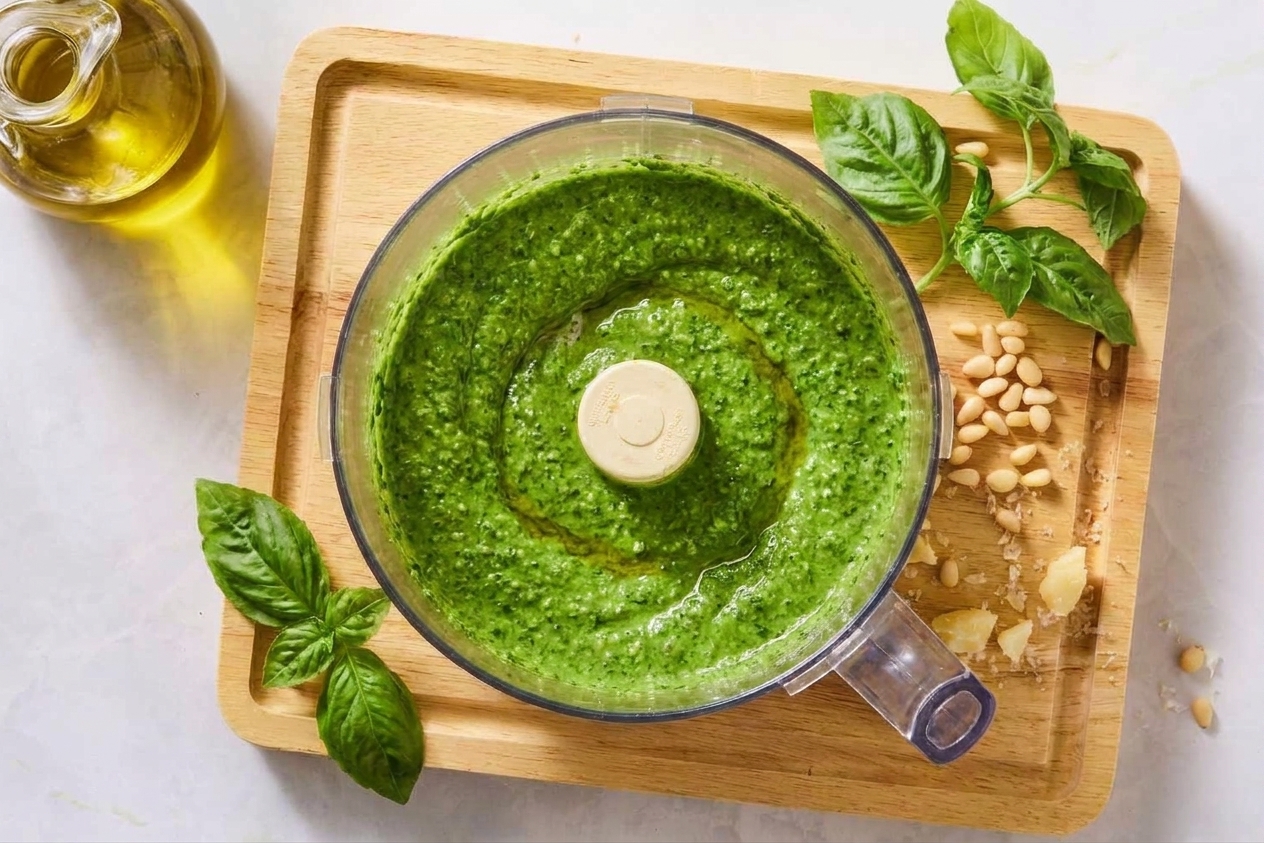 Bright green pesto processed until smooth inside a food processor bowl