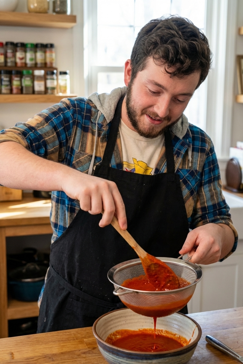 Bright red sriracha sauce being pressed through a fine mesh strainer into a bowl