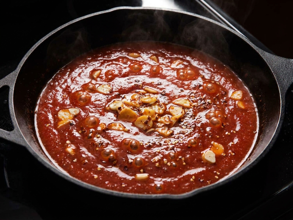 Bright red tomato sauce bubbling gently in a skillet with small bubbles breaking the surface, garlic pieces visible, warm kitchen lighting