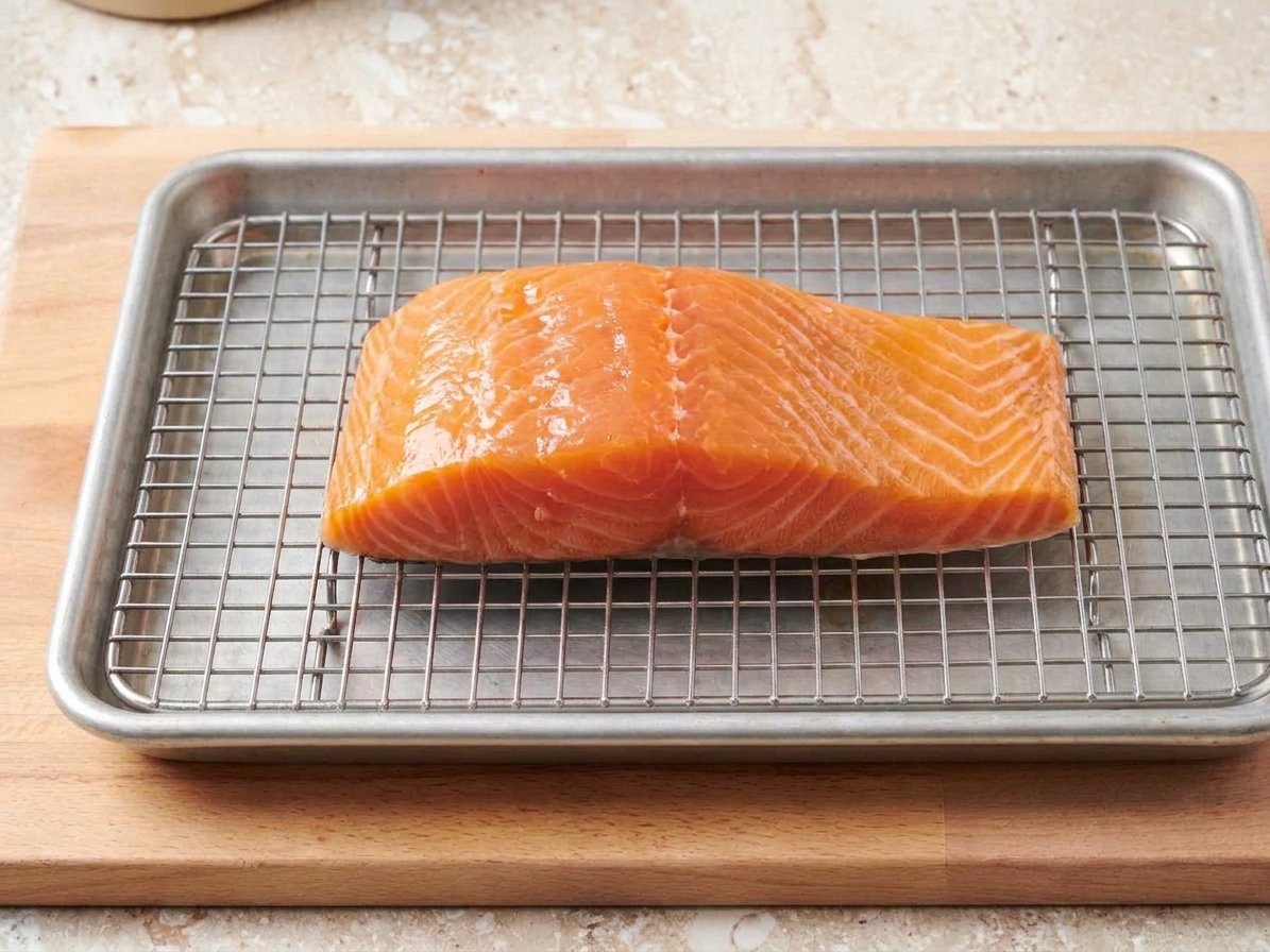 Brined salmon fillet resting on a wire rack over a sheet pan in a home kitchen, surface looking slightly glossy as it air dries