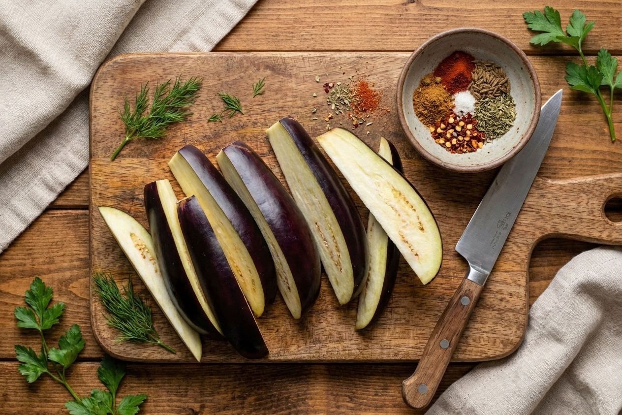Brinjal eggplants cut into thick wedges on a wooden cutting board with a chef's knife and a small bowl of spices nearby