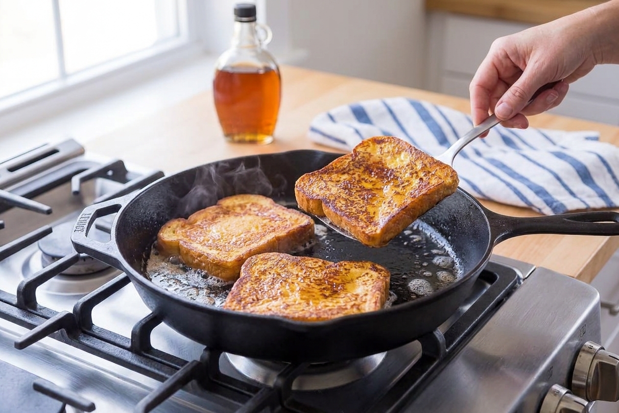 Brioche French toast slices browning in a buttered skillet on a home stove