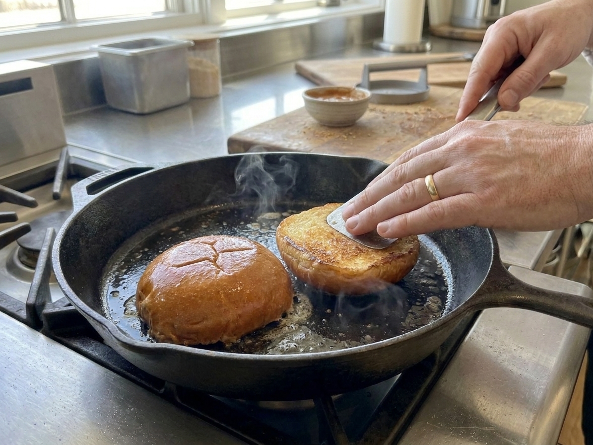 Brioche burger buns toasting cut-side down in a skillet until lightly golden