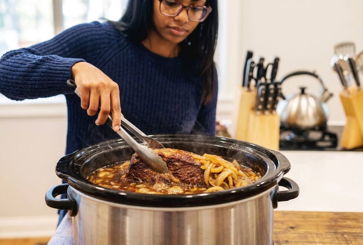 Brisket nestled among onions inside a slow cooker with sauce bubbling gently around the edges