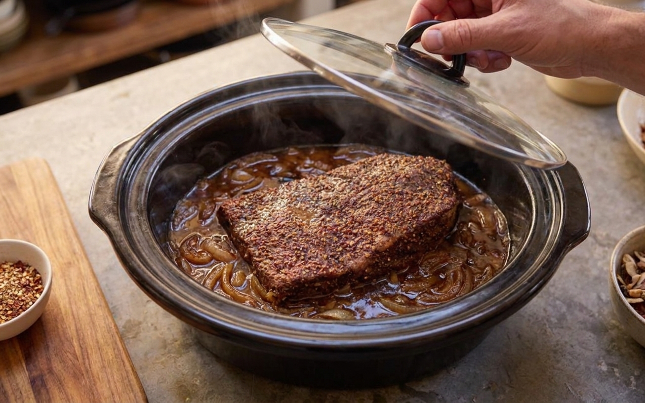 Brisket nestled over onions in a slow cooker with dark sauce around it, lid lifted to show the simmering braise