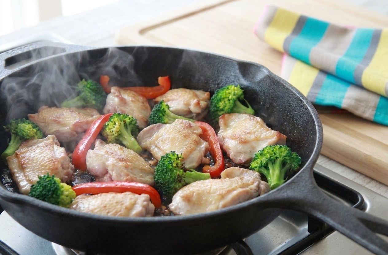 Broccoli and red bell pepper sizzling in a skillet next to browned chicken, steam rising