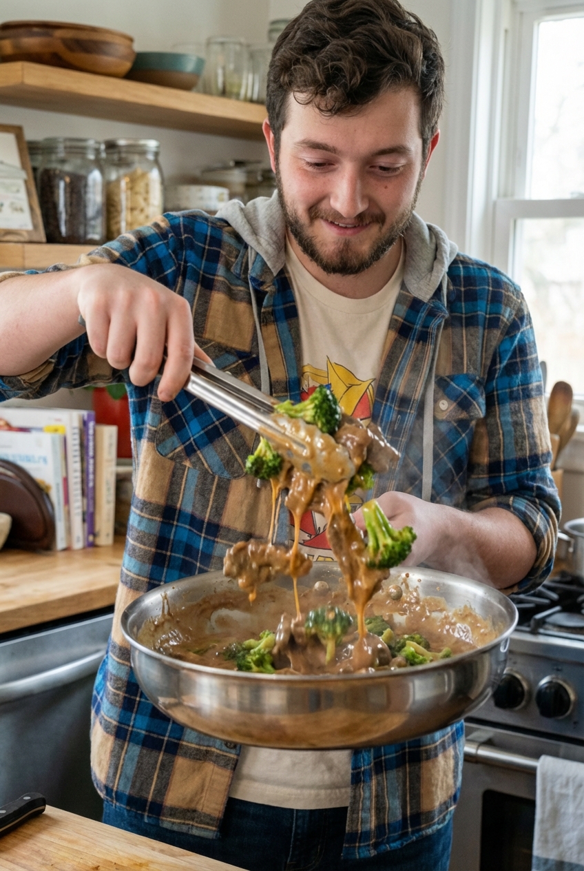 Broccoli beef being tossed in a skillet with a glossy tangy creamy sauce using tongs