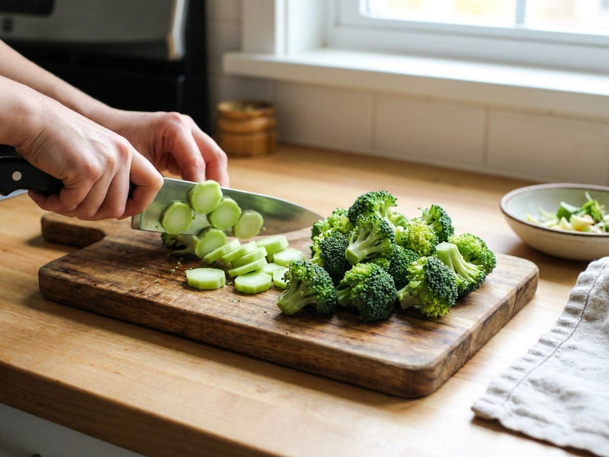 Broccoli being cut into even florets with peeled stems sliced on a wooden cutting board in a bright home kitchen