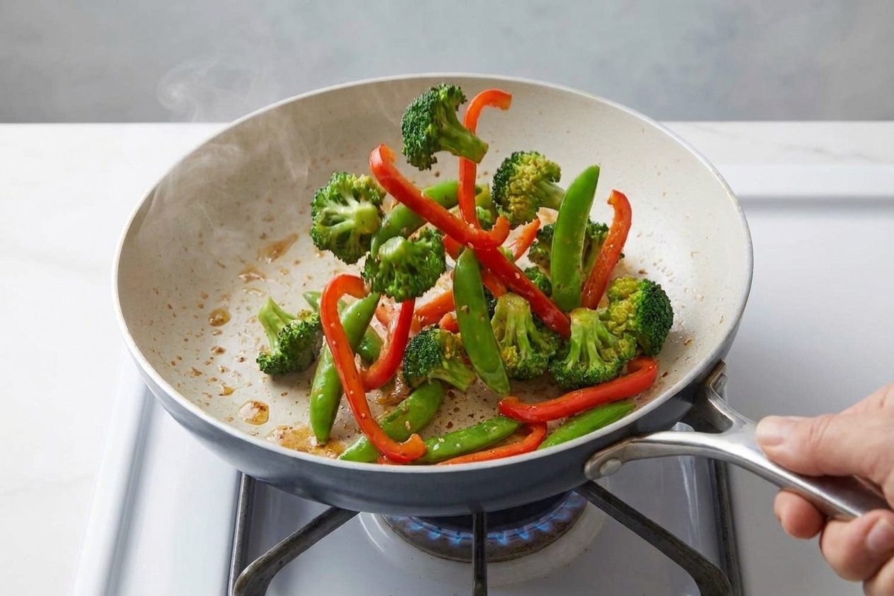 Broccoli, bell pepper, and snap peas being tossed in a skillet on a stovetop