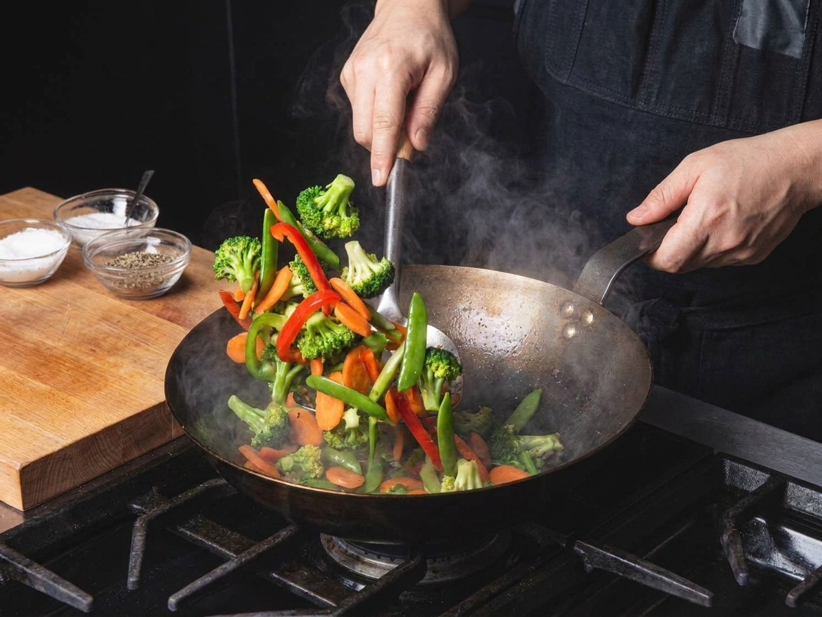 Broccoli, carrots, bell peppers, and snap peas being tossed in a hot wok on a home stove