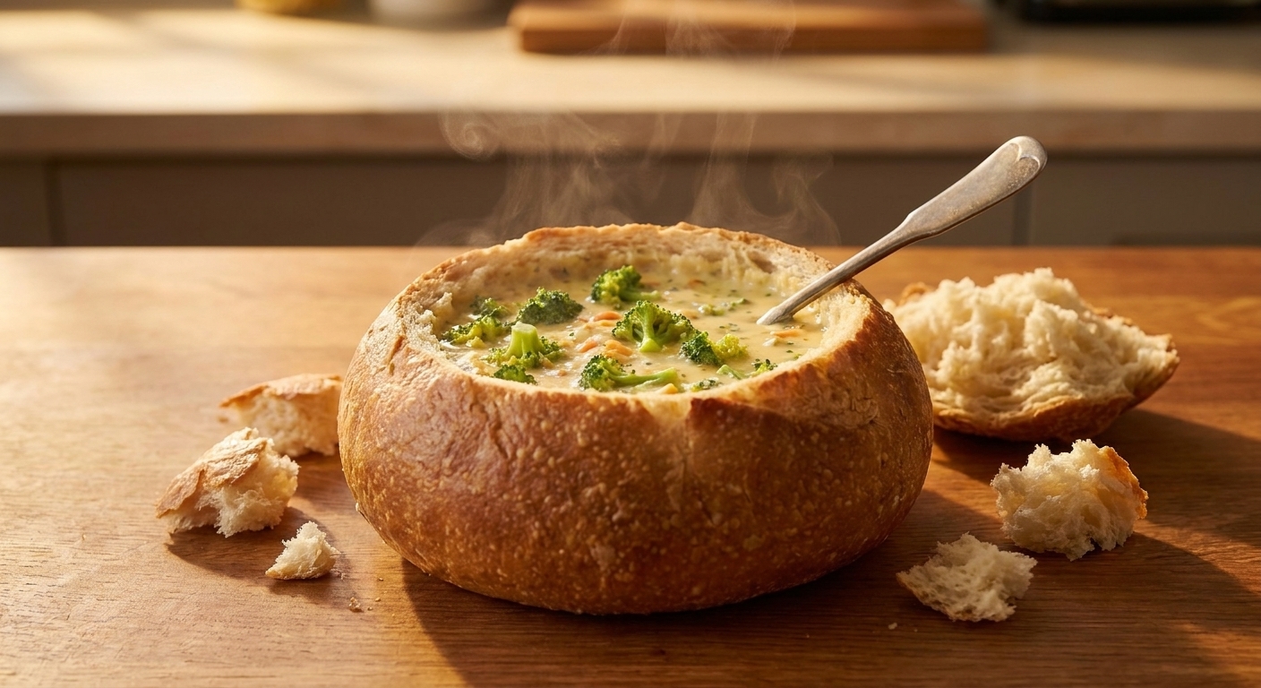 Broccoli cheddar soup served in a bread bowl on a wooden table with a spoon and torn bread pieces in warm kitchen light