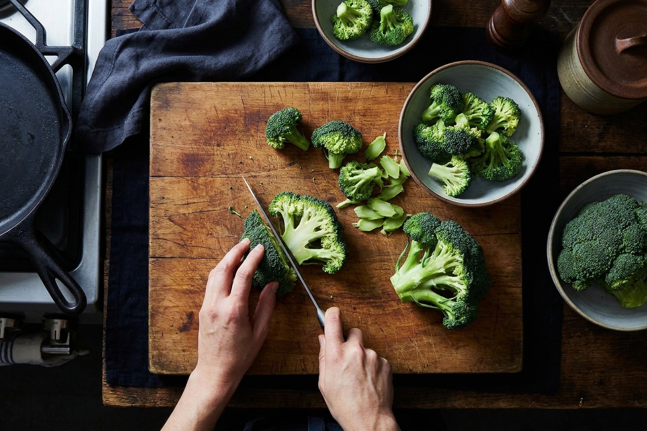 Broccoli crowns being cut into florets and sliced stems on a wooden cutting board with a chef’s knife