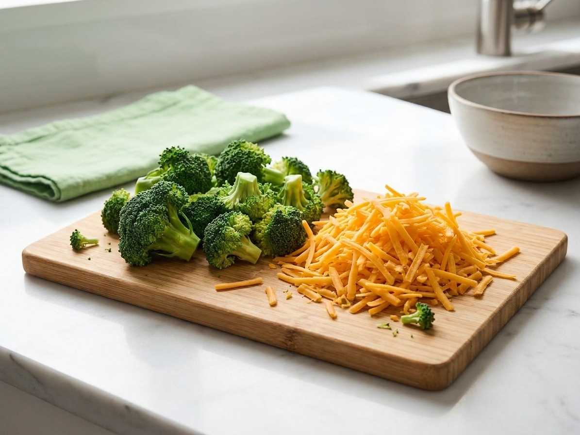 Broccoli florets and a mound of shredded sharp cheddar cheese on a wooden cutting board on a bright kitchen counter
