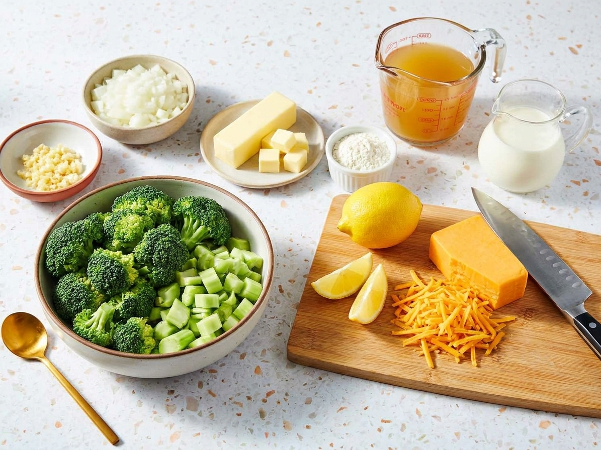 Broccoli florets and chopped stems, onion, garlic, butter, flour, broth, cream, lemon, and cheddar arranged on a bright kitchen counter