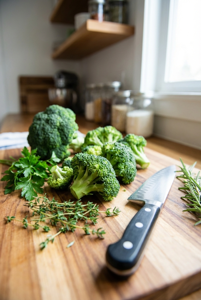 Broccoli florets and fresh herbs on a cutting board next to a chef's knife