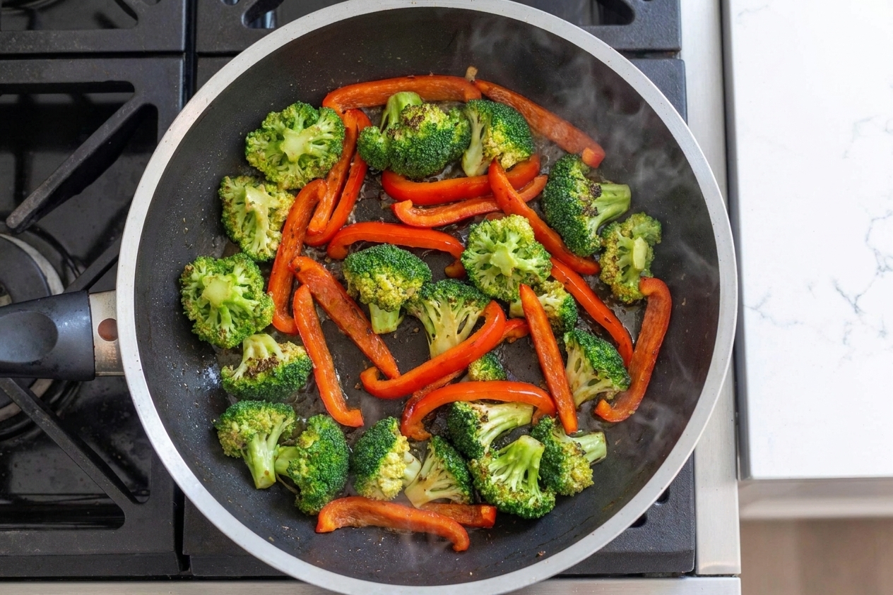 Broccoli florets and red bell pepper strips sizzling in a hot skillet with light charring starting on the edges