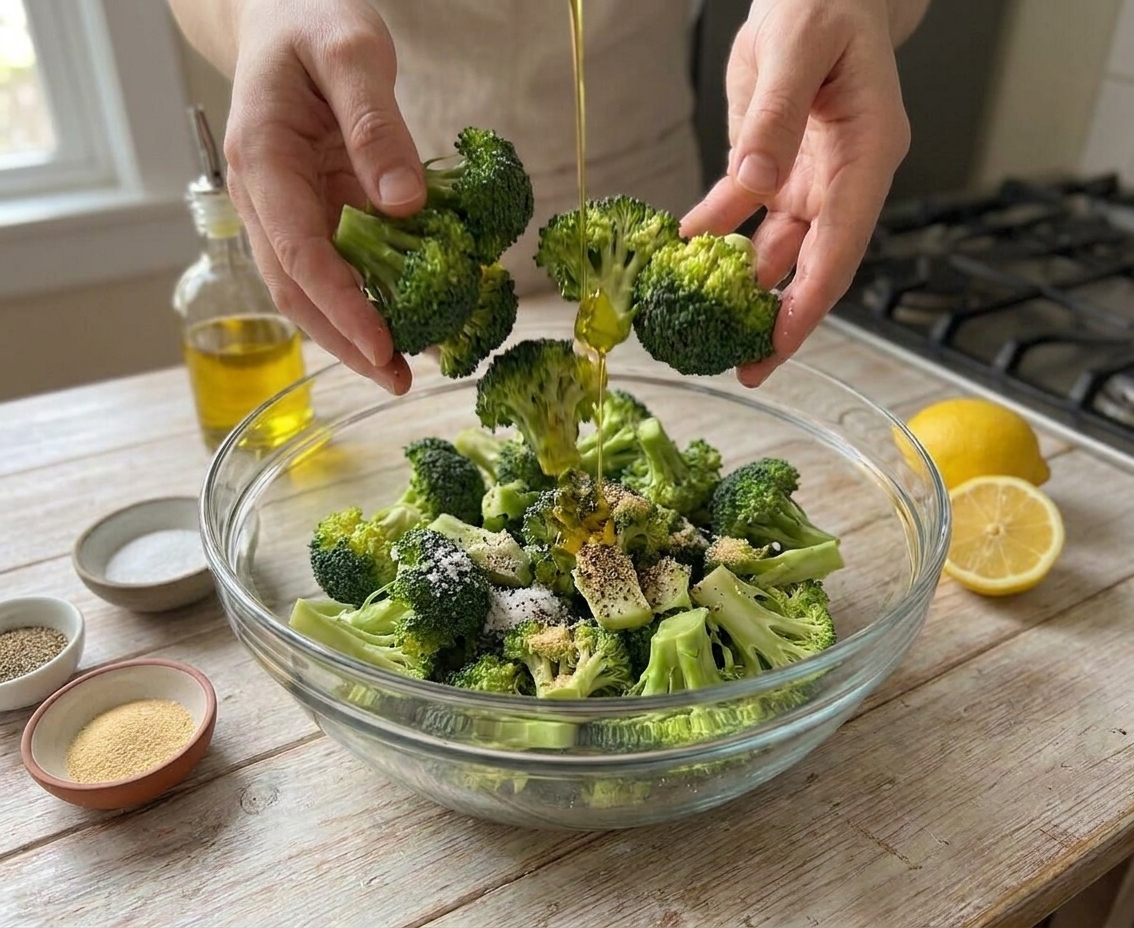 Broccoli florets and sliced stems in a mixing bowl being tossed with olive oil, salt, pepper, and garlic powder on a bright kitchen counter