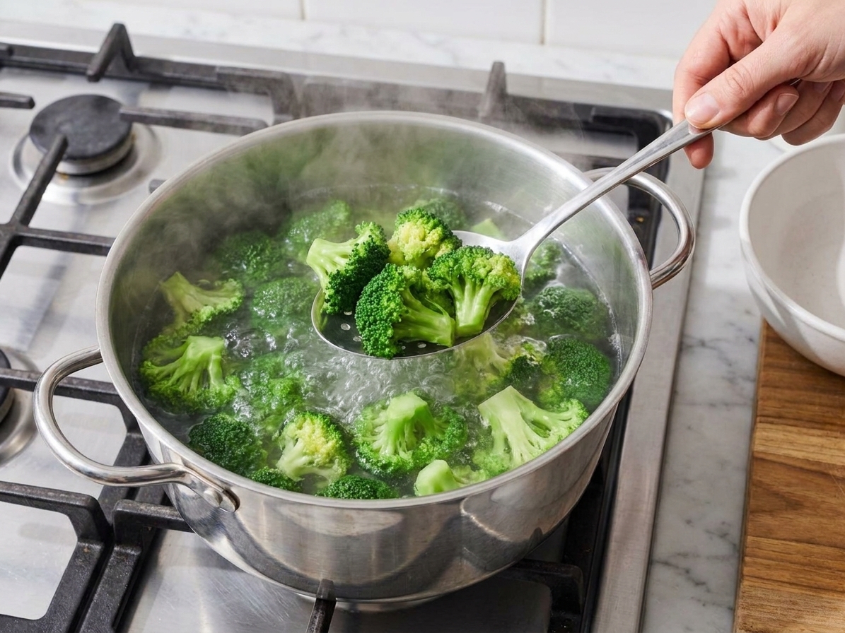 Broccoli florets being blanched in a pot of boiling water on a stovetop
