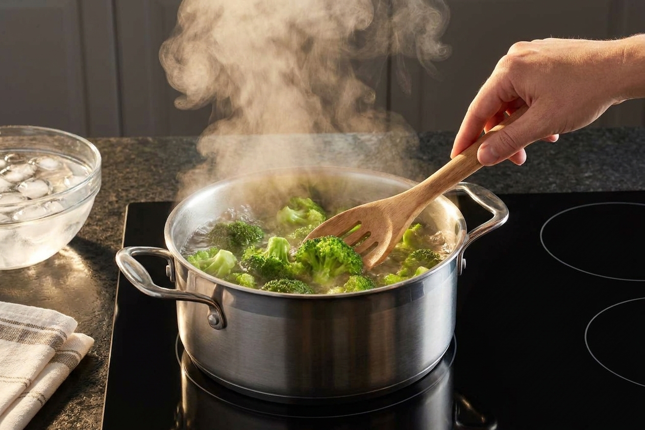 Broccoli florets being blanched in a pot of boiling water on a stovetop, with steam rising in a home kitchen