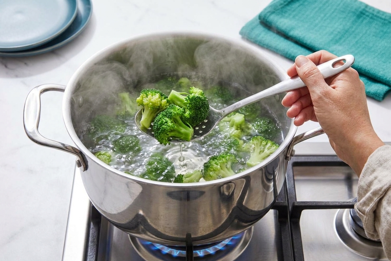 Broccoli florets being briefly cooked in boiling water on a stovetop, with a slotted spoon lifting some florets