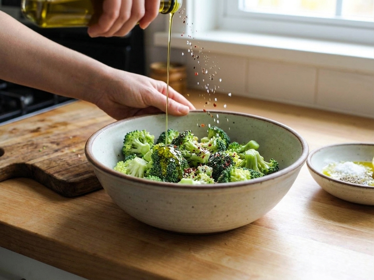 Broccoli florets being tossed with olive oil, salt, pepper, and red pepper flakes in a large mixing bowl on a kitchen counter