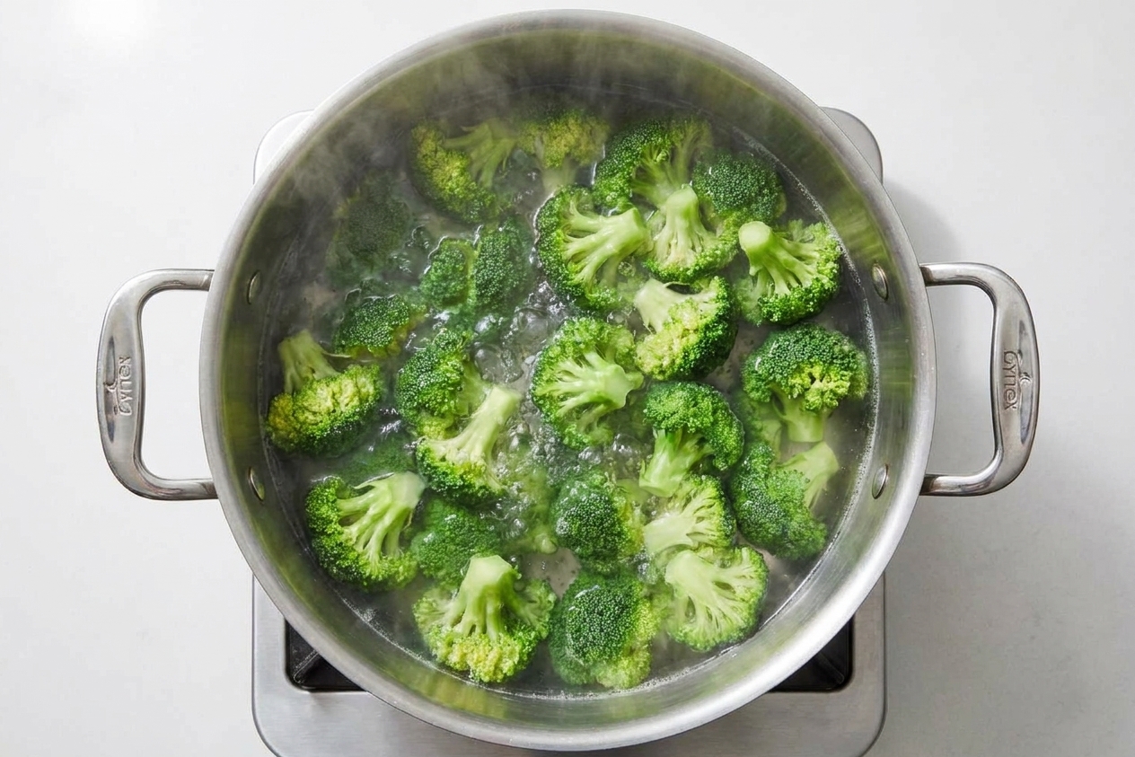 Broccoli florets blanching in a large pot of boiling water on a stovetop, with steam rising