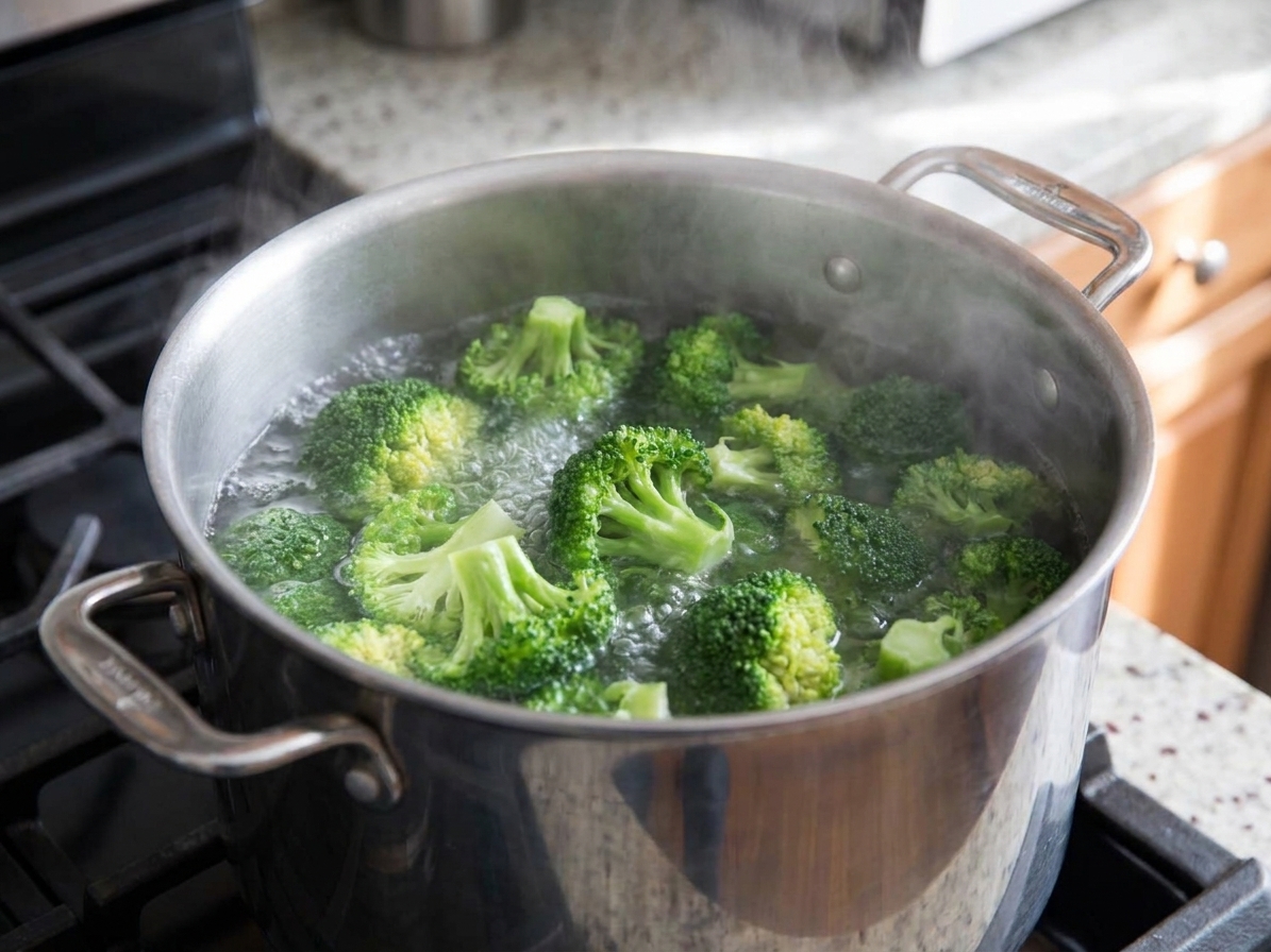 Broccoli florets blanching in a large pot of boiling water on a stovetop