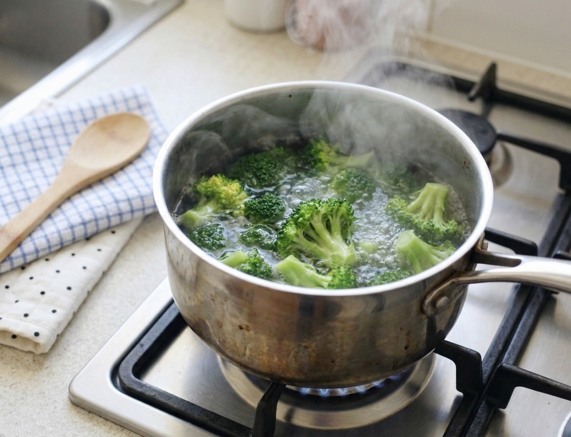 Broccoli florets briefly boiling in a stainless steel pot on a stovetop with steam rising