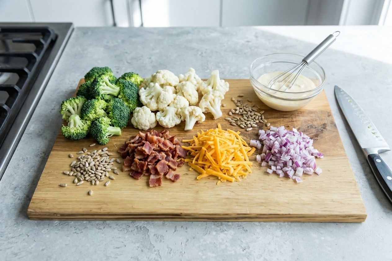 Broccoli florets, cauliflower florets, cooked bacon, shredded cheddar, red onion, sunflower seeds, mayonnaise, apple cider vinegar, sugar, salt, and pepper arranged on a cutting board