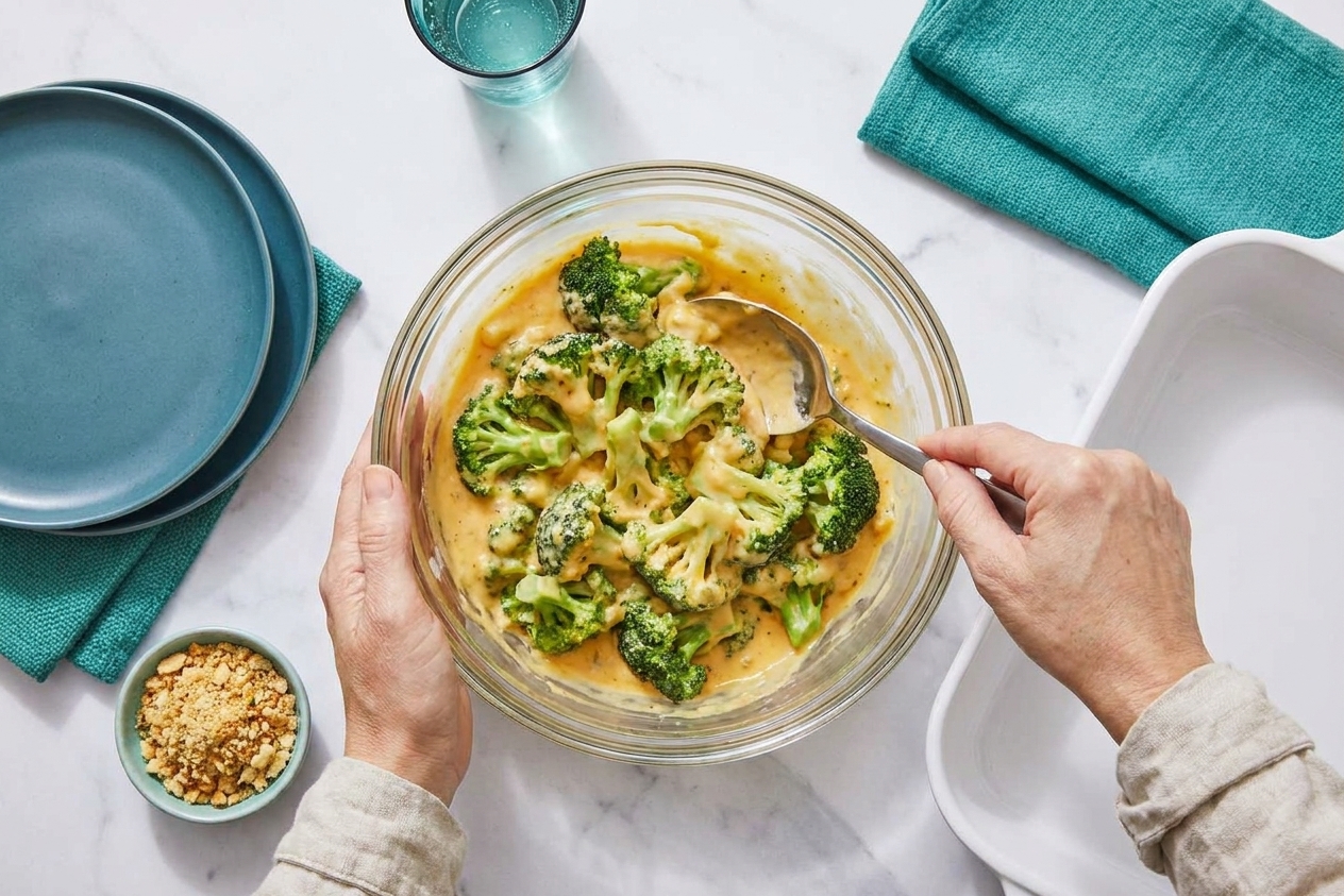 Broccoli florets coated in creamy cheddar sauce in a large mixing bowl on a kitchen counter, ready to be baked