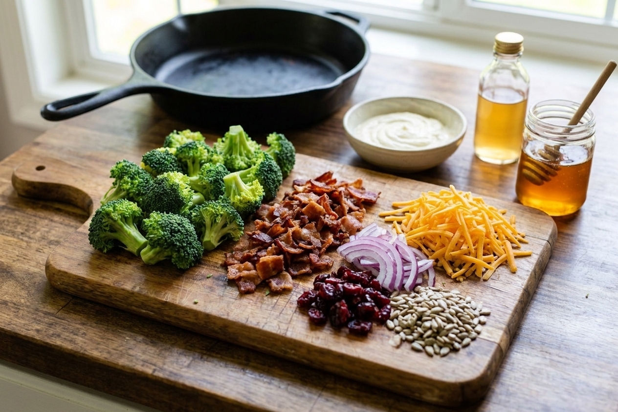 Broccoli florets, cooked bacon, shredded cheddar, red onion, dried cranberries, sunflower seeds, mayonnaise, apple cider vinegar, and honey arranged on a clean kitchen counter