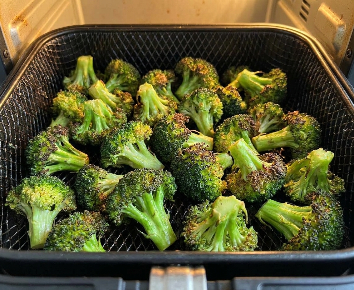 Broccoli florets cooking in an air fryer basket with browned edges beginning to form under warm kitchen lighting