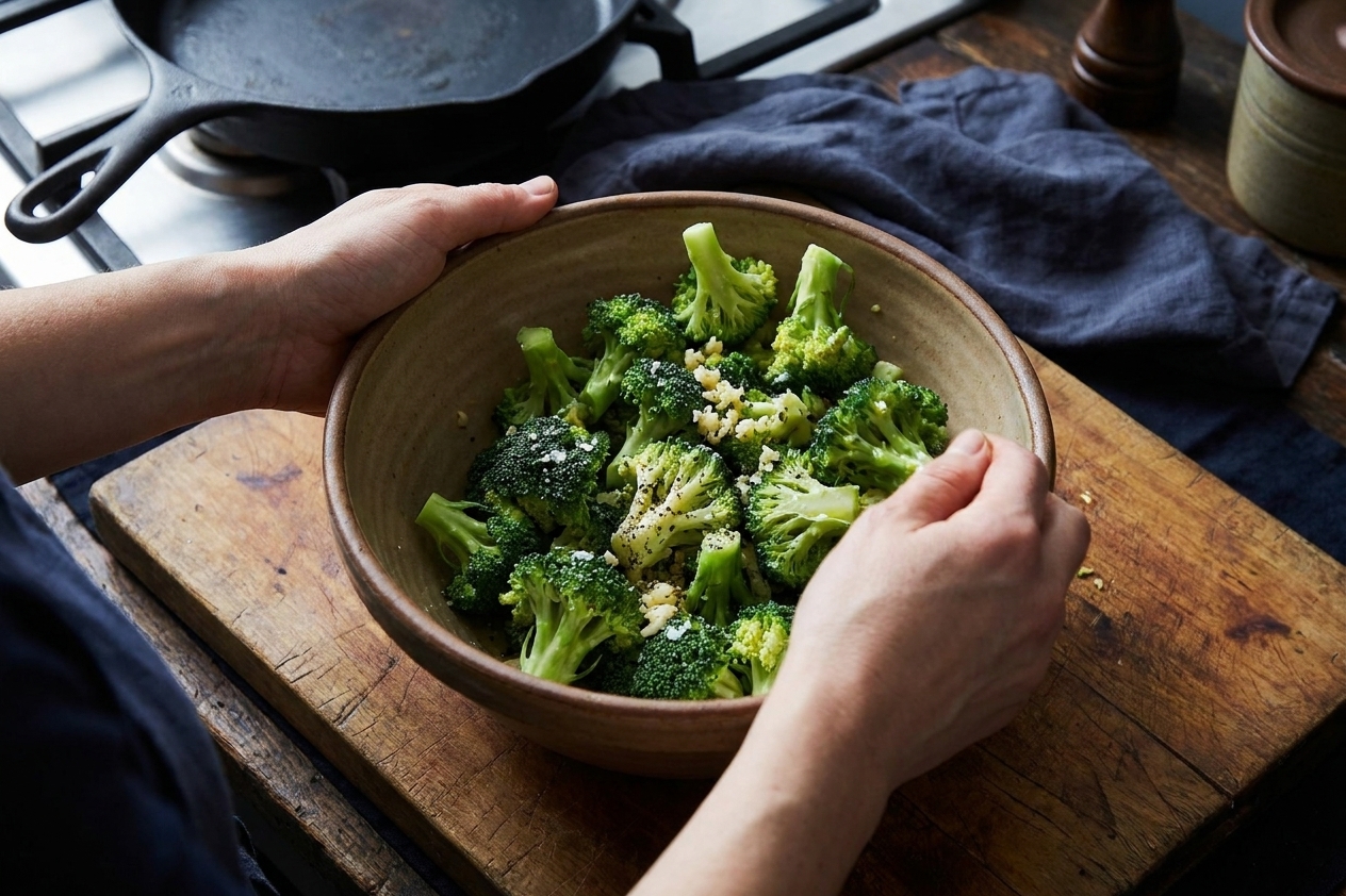 Broccoli florets in a large bowl being tossed with olive oil, minced garlic, salt, and black pepper on a home kitchen counter