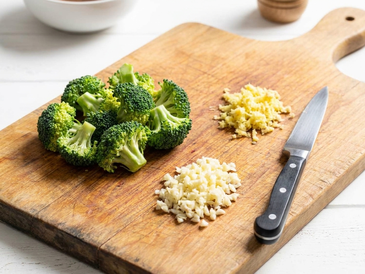 Broccoli florets, minced garlic, and minced ginger prepped in small piles on a cutting board on a kitchen counter